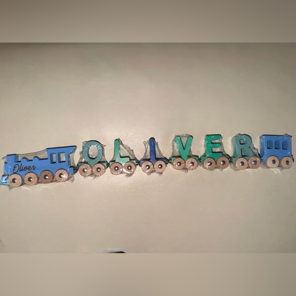 Personalized Blue and Green Wooden Train for Oliver